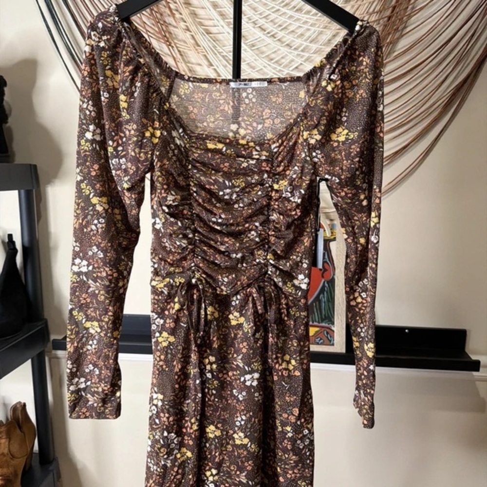 Ruched Front Floral Midi Dress in Brown & Yellow